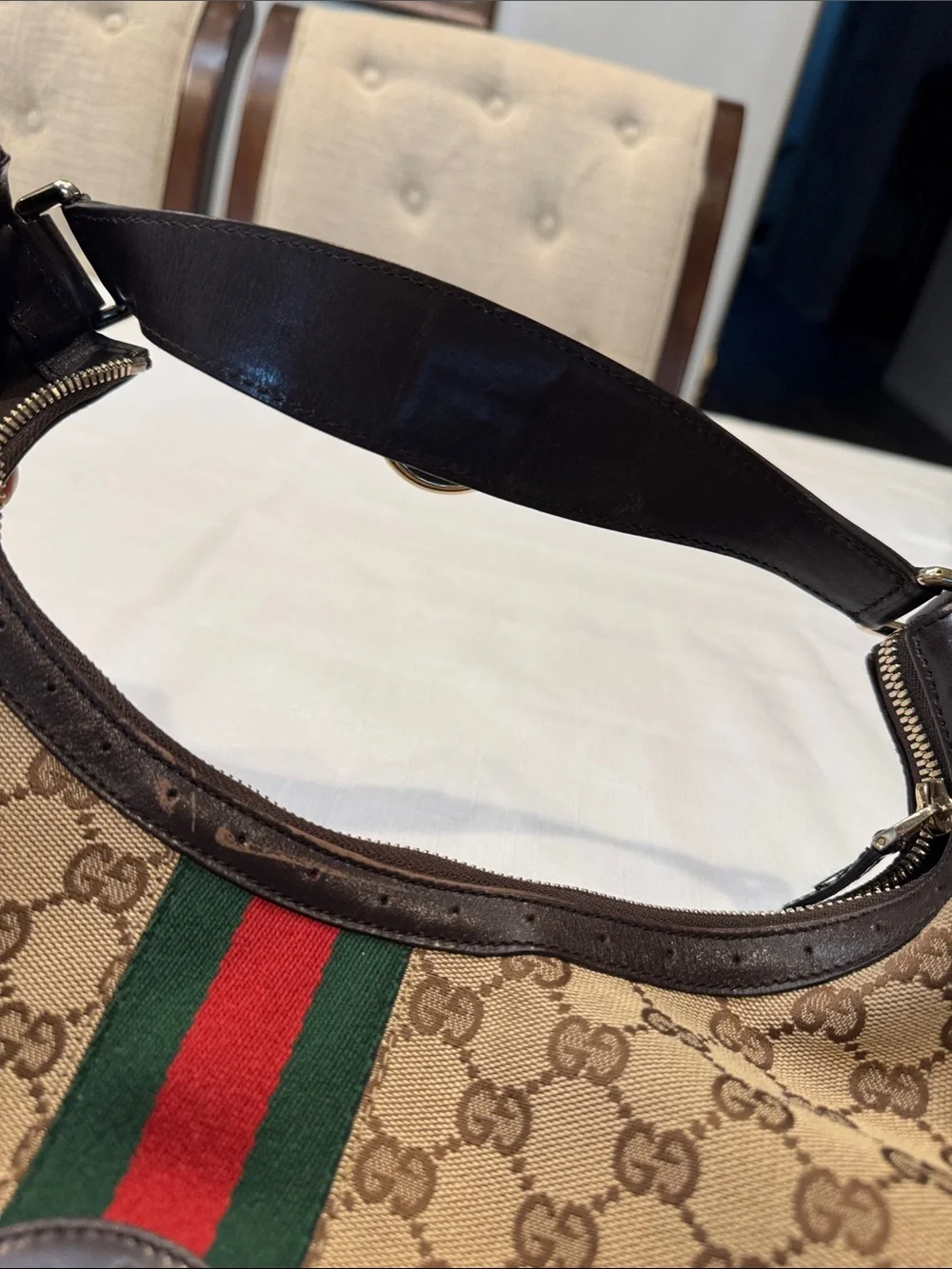 Authentic Gucci Beige GG Canvas Hobo with Red and Green Web Stripe